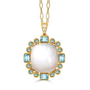 P12048WMPBT-18K YELLOW GOLD DIAMOND PENDANT WITH SKY BLUE TOPAZ AND CABOCHON CUT CLEAR QUARTZ OVER WHITE MOTHER OF PEARL CENTER