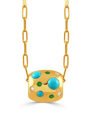 P12063TSTQ-18K YELLOW GOLD DIAMOND PENDANT WITH TSAVORITE AND TURQUOISE