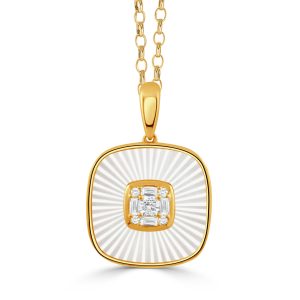 P12245WMP-A-18K YELLOW GOLD INVISIBLE SET DIAMOND PENDANT WITH CARVED WHITE MOTHER OF PEARL