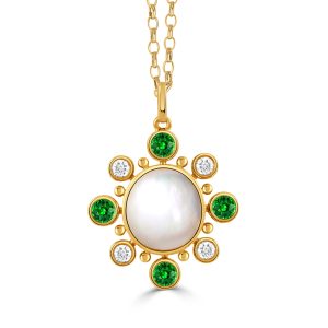 P12324TSMP-18K YELLOW GOLD DIAMOND PENDANT WITH TSAVORITE AND CABOCHON CUT CLEAR QUARTZ OVER WHITE MOTHER OF PEARL CENTER