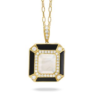 P8804BOMP-18K YELLOW GOLD DIAMOND PENDANT WITH BLACK ONYX BORDERS AND FLAT CUT WHITE MOTHER OF PEARL CENTER