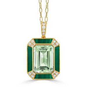 P8897GAMC-18K YELLOW GOLD DIAMOND PENDANT WITH GREEN AMETHYST CENTER AND MALACHITE BORDER