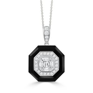P9171BO-1-18K WHITE GOLD INVISIBLE SET DIAMOND PENDANT WITH BLACK ONYX