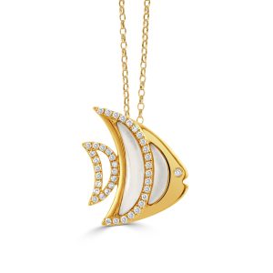 P9739WMP-18K YELLOW GOLD DIAMOND ANGEL FISH PENDANT WITH CLEAR QUARTZ OVER WHITE MOTHER OF PEARL