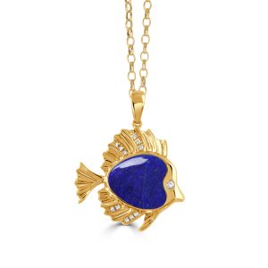 P9744LP-18K YELLOW GOLD DIAMOND TANG FISH PENDANT WITH CLEAR QUARTZ OVER LAPIS