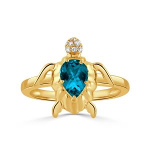 R10706LBT-Y-18K YELLOW GOLD DIAMOND SEA TURTLE RING WITH LONDON BLUE TOPAZ