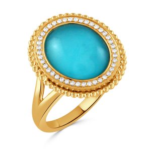 R11113TSTQ-18K YELLOW GOLD RING WITH TSAVORITE AND CABOCHON CUT CLEAR QUARTZ OVER TURQUOISE CENTER