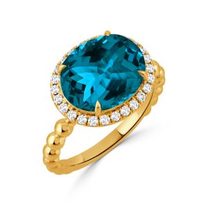 R11211LBT-Y-18K YELLOW GOLD DIAMOND RING WITH LONDON BLUE TOPAZ CENTER STONE