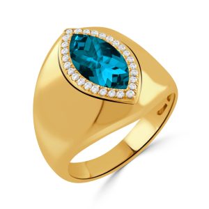 R11483LBT-Y-18K YELLOW GOLD DIAMOND RING WITH LONDON BLUE TOPAZ CENTER