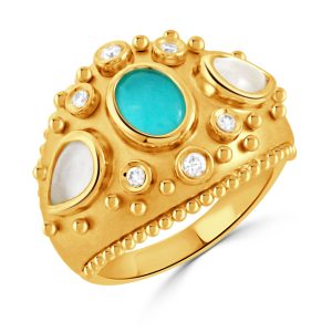 R11689WMPTQ-18K YELLOW GOLD RING WITH CLEAR QUARTZ OVER CABOCHON CUT WHITE MOTHER PEARL SIDES AND CLEAR QUARTZ OVER TURQUOISE CENTER