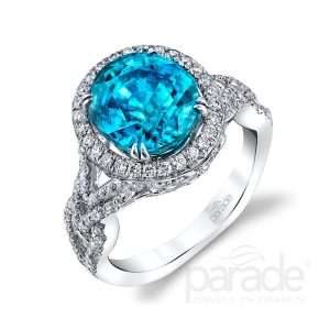 6.77 Carat Blue Zircon & Diamond Halo Engagement Ring