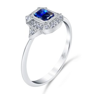 Emerald-Cut Sapphire & Diamond Halo Engagement Ring
