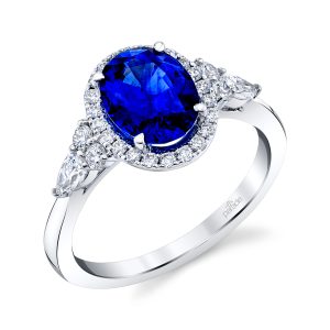 Blue Sapphire & Diamond Halo Engagement Ring