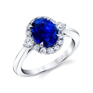 Blue Sapphire & Diamond Halo Engagement Ring