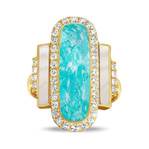 R8746AZMP-18K YELLOW GOLD DIAMOND RING WITH CLEAR QUARTZ OVER AMAZONITE CENTER AND WHITE MOTHER OF PEARL SIDES