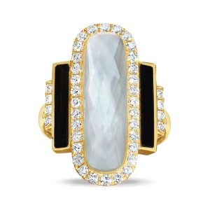 R8746BOMP-18K YELLOW GOLD DIAMOND RING WITH CLEAR QUARTZ OVER WHITE MOTHER OF PEARL CENTER AND BLACK ONYX SIDES