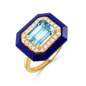 R9254LPBT-18K YELLOW GOLD DIAMOND RING WITH LAPIS BORDERS AND SKY BLUE TOPAZ CENTER STONE
