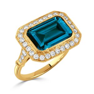 R9797LBT-Y-18K YELLOW GOLD DIAMOND RING WITH LONDON BLUE TOPAZ CENTER